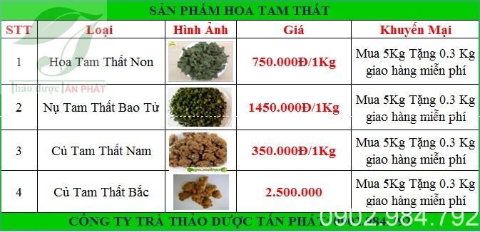 bảng giá Củ tam thất bắc tại tphcm